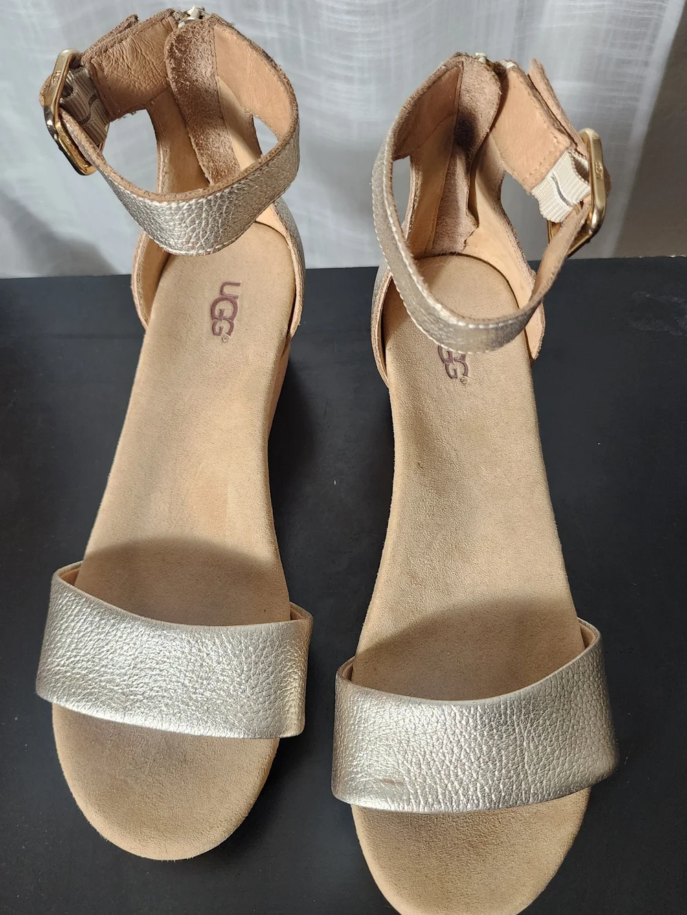 UGG Metallic Gold Cork Wedge Sandals - Ankle Strap
